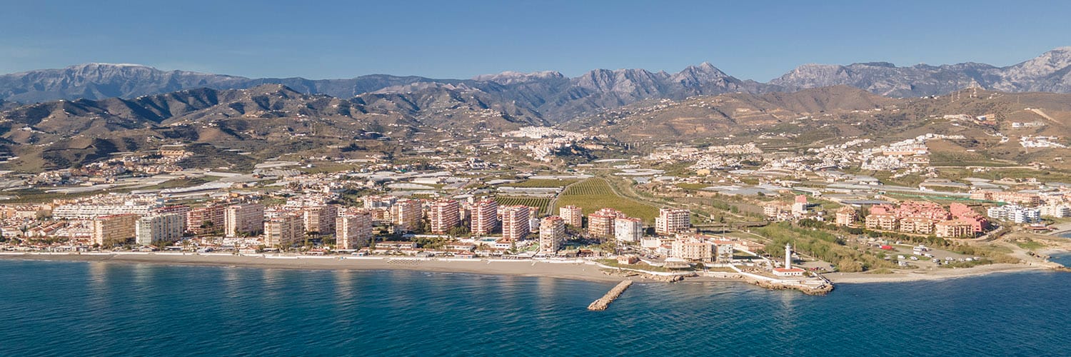 A spectacular view of Torrox Costa from the air. Photo by Jason Elliott. A spectacular view from the air of Torrox Costa in the Axarquia region to the East of Malaga. Photo by Jason Elliott.