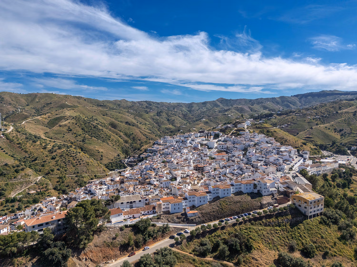 A stunning aerial image of Almachar on the Ruta de la Pasa trail through the Axarquía region east of Málaga, taken by Jason Elliott for the eastofmalaga.com website